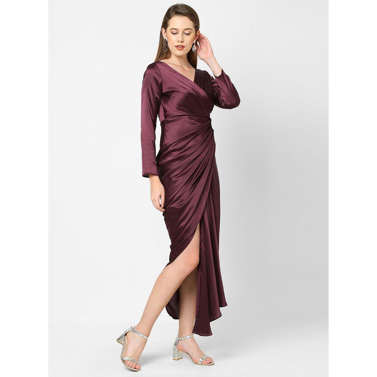 Gathered Front V Neck Satin Maxi Dress-women-clothing-dresses-image-4
