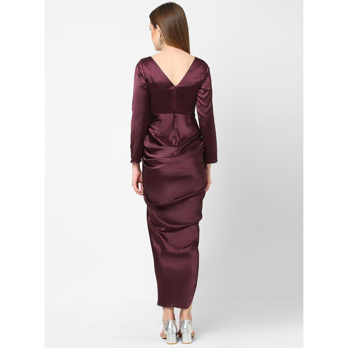 Gathered Front V Neck Satin Maxi Dress-women-clothing-dresses-image-5