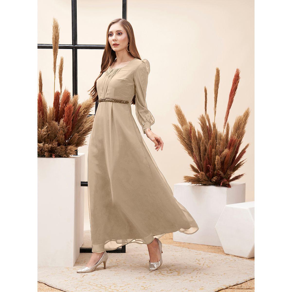 فستان طويل بكسرات مع اكمام منفوخة ميش × ستايلي-women-clothing-dresses-image-1