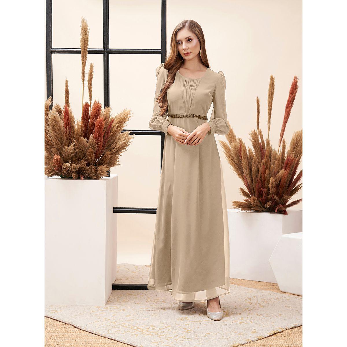 فستان طويل بكسرات مع اكمام منفوخة ميش × ستايلي-women-clothing-dresses-image-2