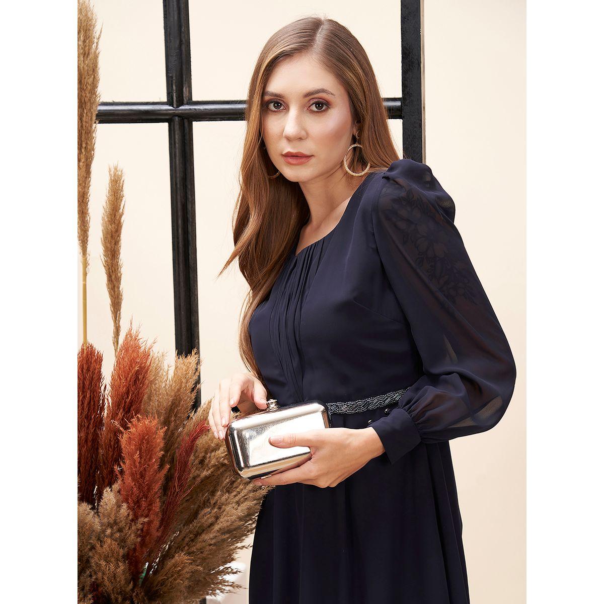 فستان طويل بكسرات مع اكمام منفوخة ميش × ستايلي-women-clothing-dresses-image-7