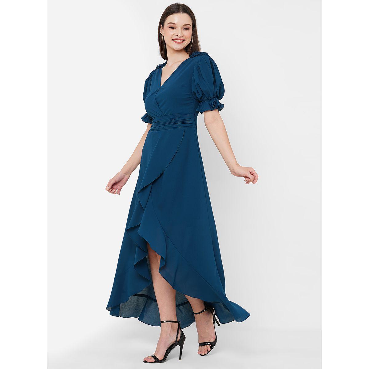Ruffled Asymmetric Hem Puff Sleeves A-Line Dress-women-clothing-dresses-image-1