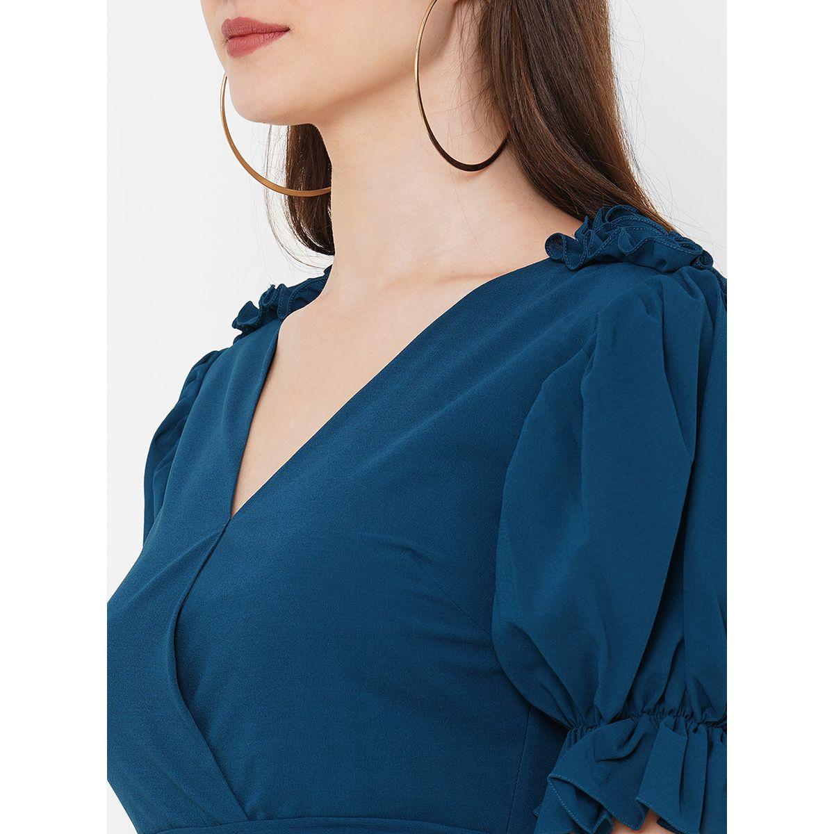 Ruffled Asymmetric Hem Puff Sleeves A-Line Dress-women-clothing-dresses-image-2