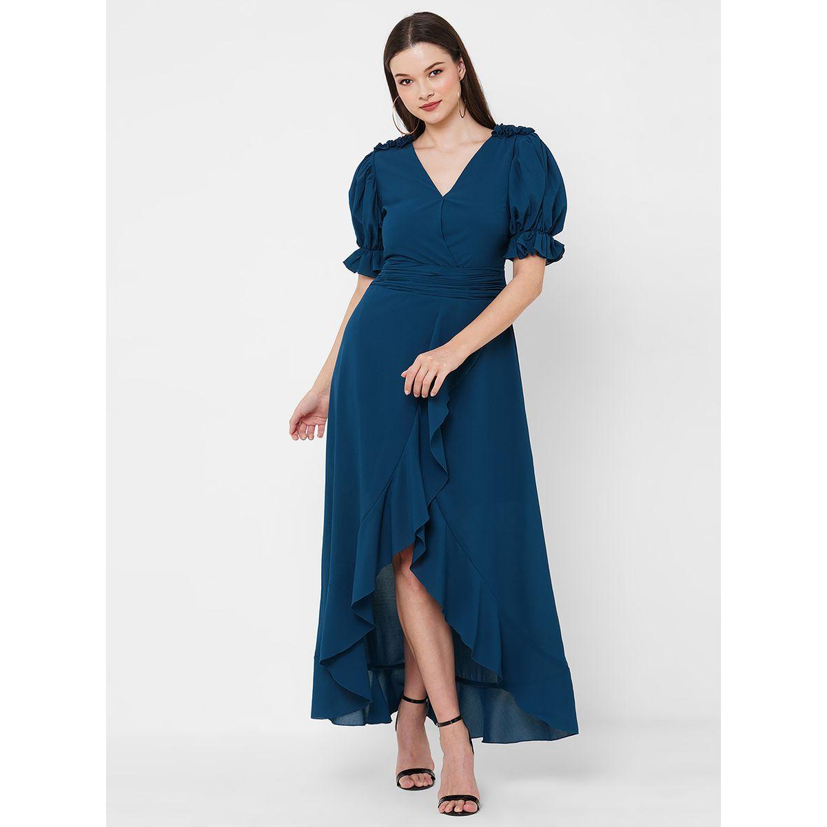 Ruffled Asymmetric Hem Puff Sleeves A-Line Dress-women-clothing-dresses-image-3