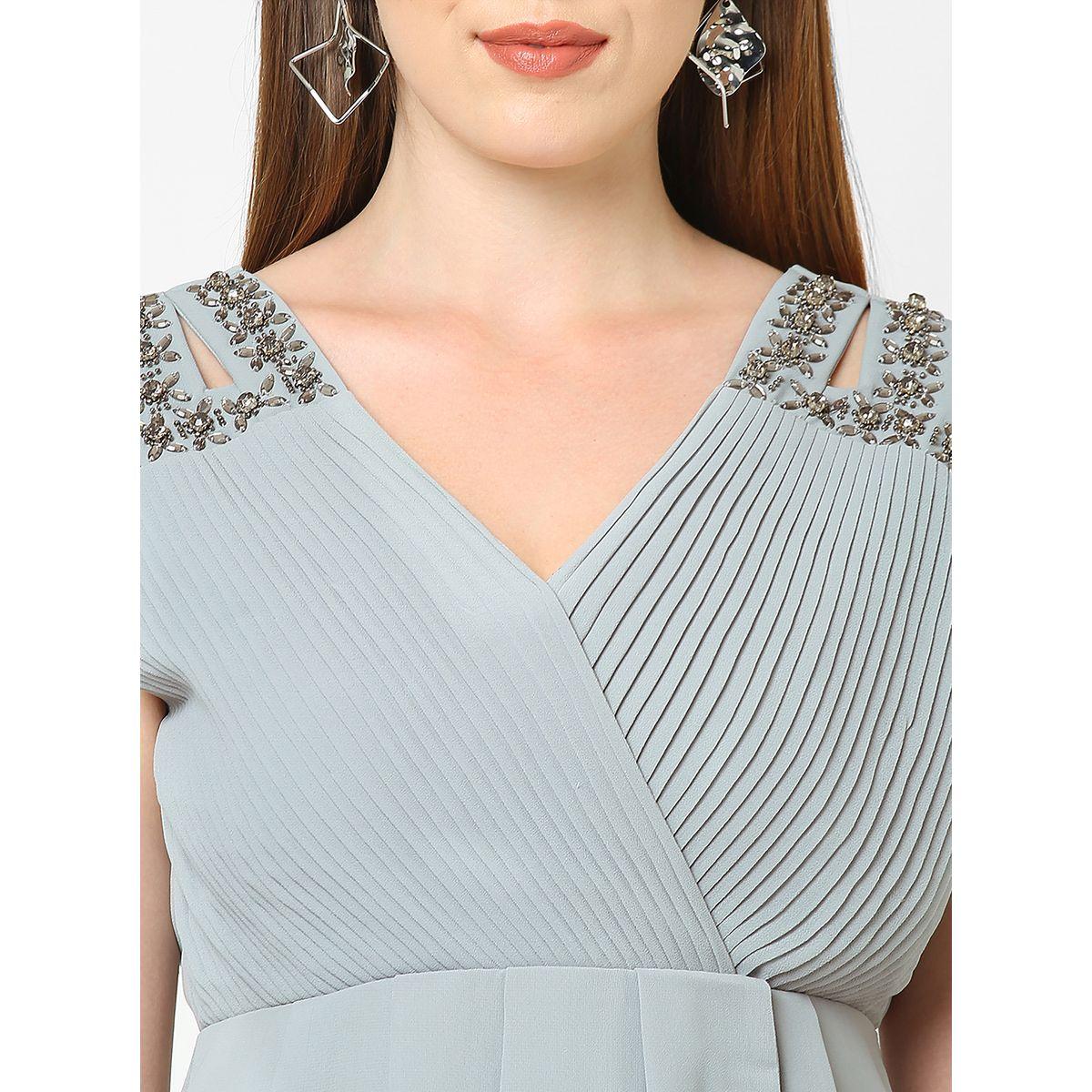 Mish X Styli  Pleated Embellished Shoulder Straps Midi Dress with Asymmetrical Hem-women-clothing-dresses-image-2