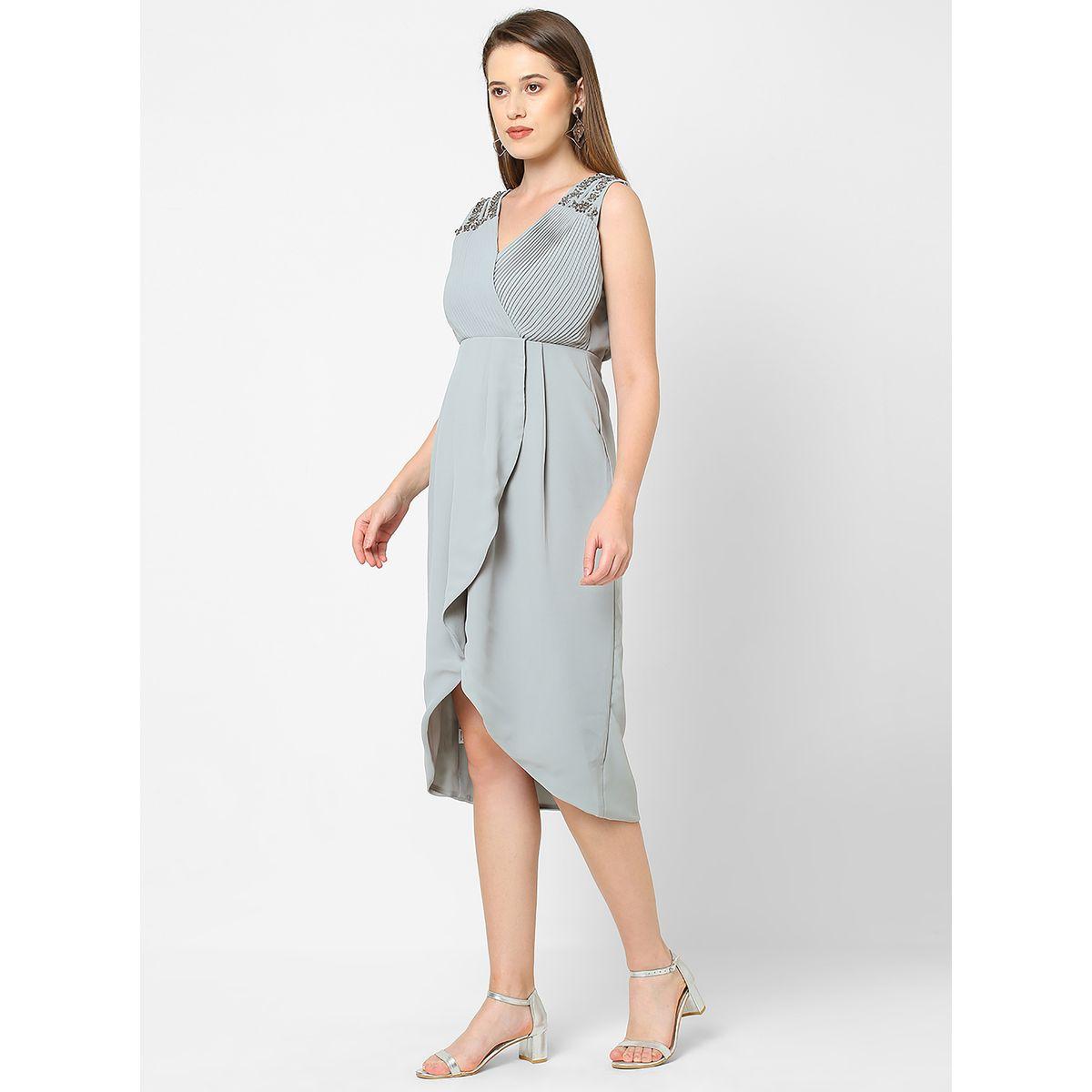 Mish X Styli  Pleated Embellished Shoulder Straps Midi Dress with Asymmetrical Hem-women-clothing-dresses-image-3