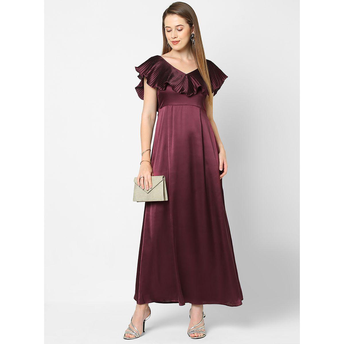 Mish X Styli  Satin Plisse V Neck Ruffle Maxi Dress-women-clothing-dresses-image-1
