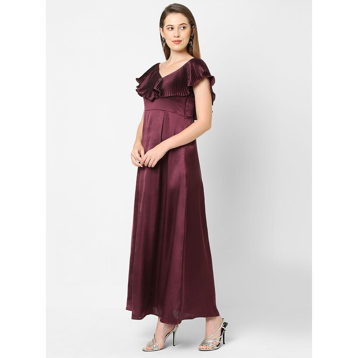 فستان ساتان بليسيه طويل بتفاصيل كشكش ميش × ستايلي-women-clothing-dresses-image-3