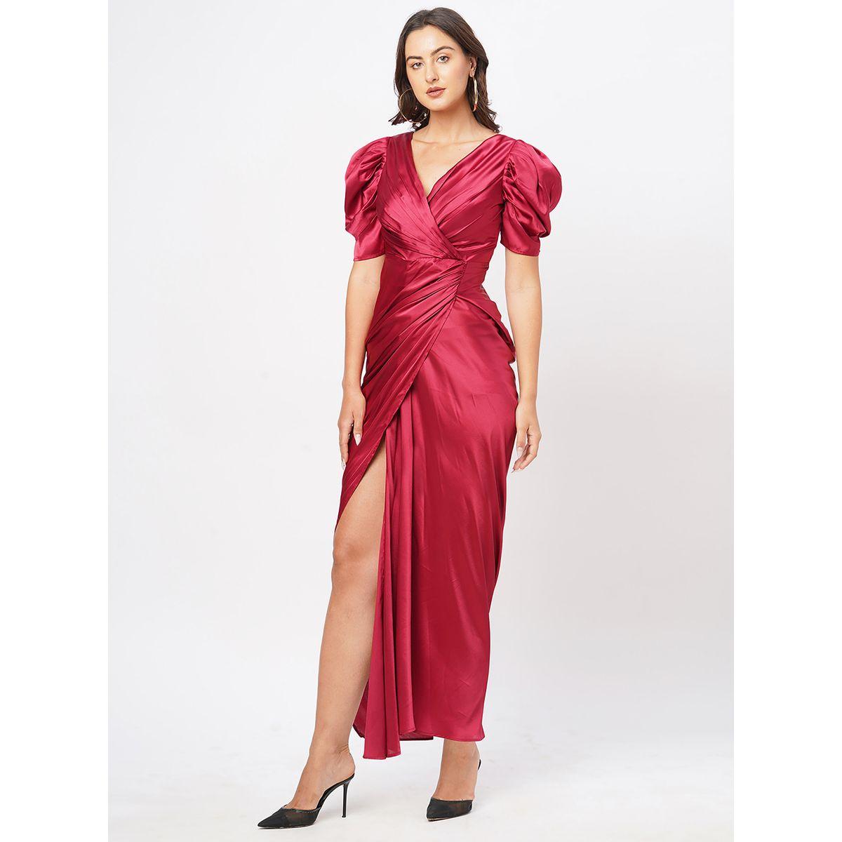 Satin Puff Sleeve Pleated Wrap Maxi Dress-women-clothing-dresses-image-1