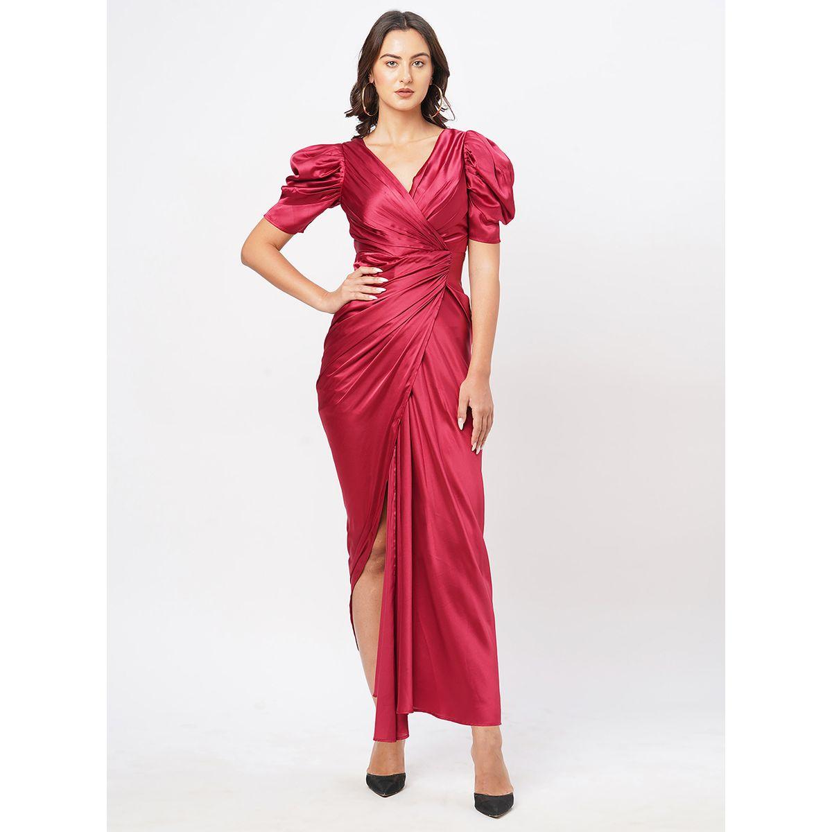 Satin Puff Sleeve Pleated Wrap Maxi Dress-women-clothing-dresses-image-2