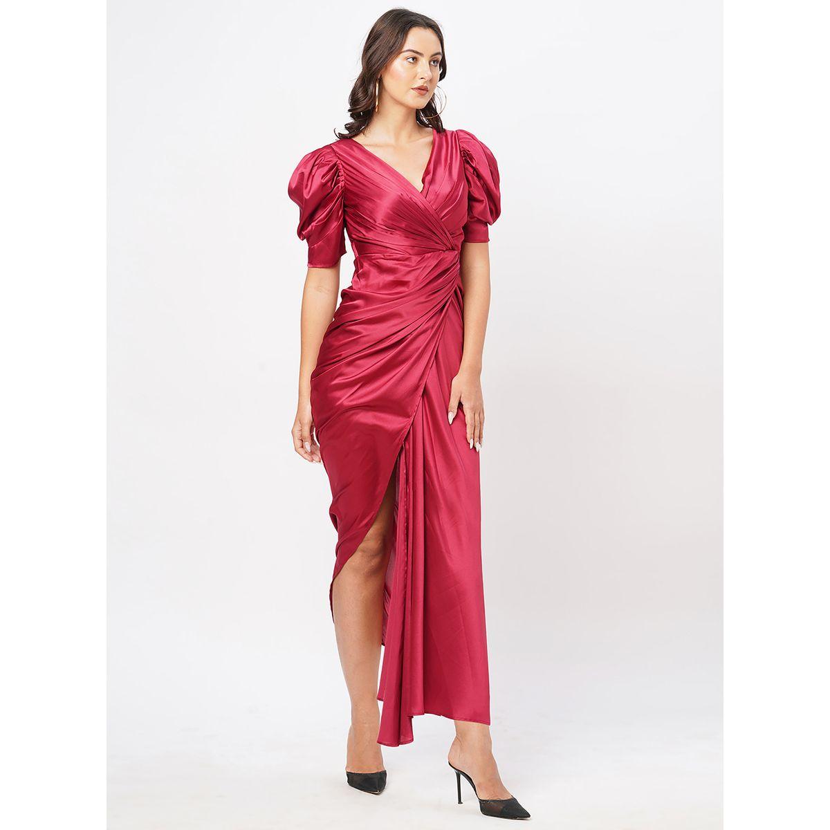 Satin Puff Sleeve Pleated Wrap Maxi Dress-women-clothing-dresses-image-4