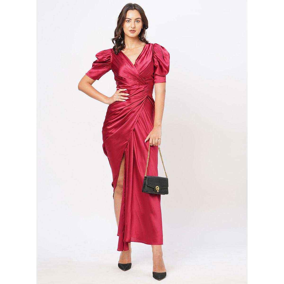Satin Puff Sleeve Pleated Wrap Maxi Dress-women-clothing-dresses-image-5