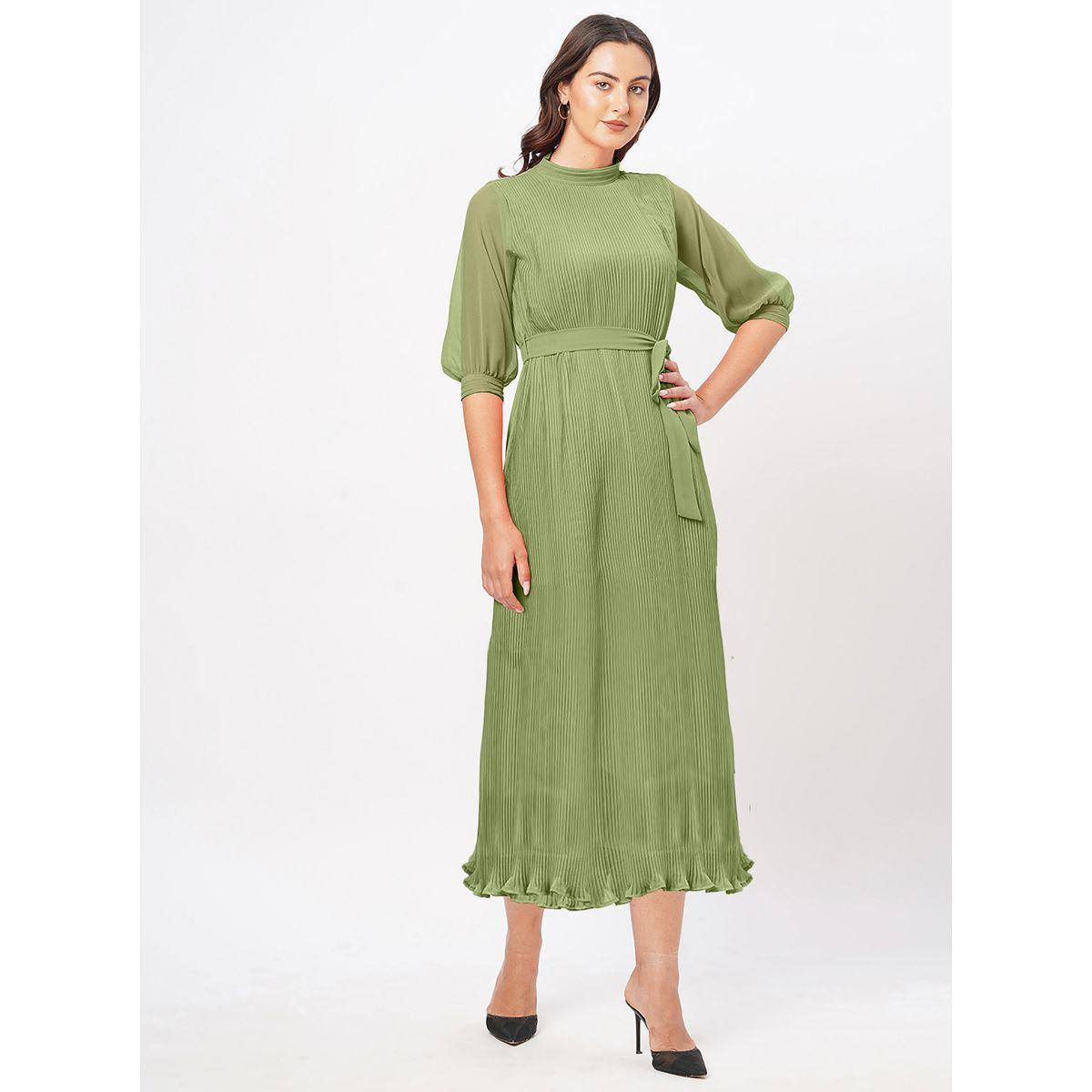 Mish X Styli  Plisse High Neck Midi Dress with Tie Up Belt-women-clothing-dresses-image-1