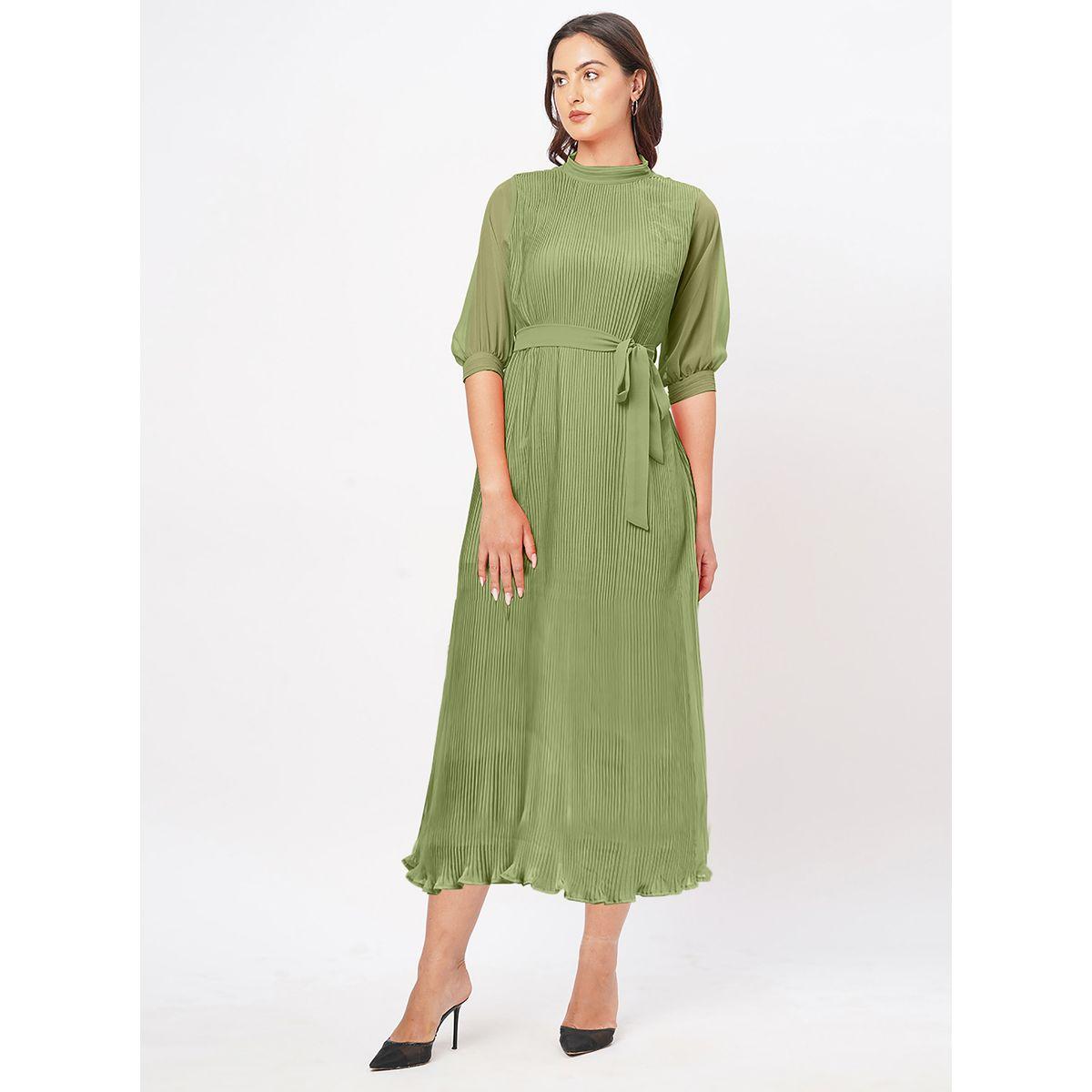 Mish X Styli  Plisse High Neck Midi Dress with Tie Up Belt-women-clothing-dresses-image-2