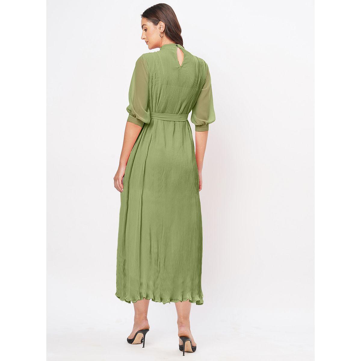 فستان ميدي بليسيه مع ياقة عالية وحزام ميش × ستايلي-women-clothing-dresses-image-3