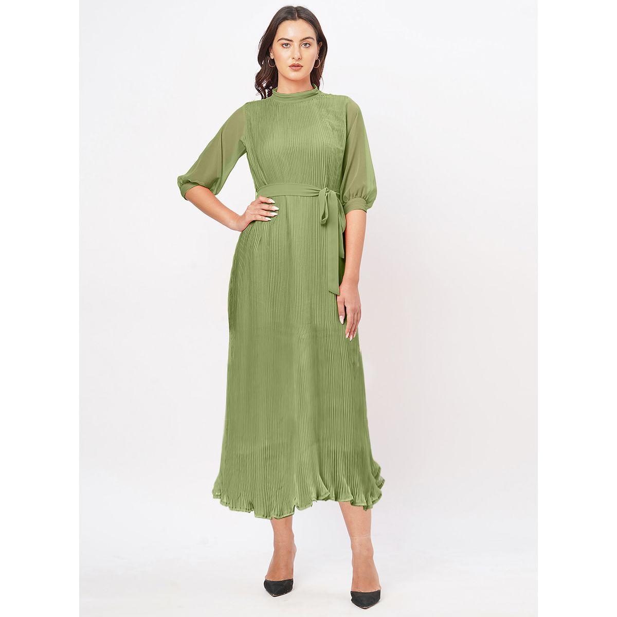 Mish X Styli  Plisse High Neck Midi Dress with Tie Up Belt-women-clothing-dresses-image-5