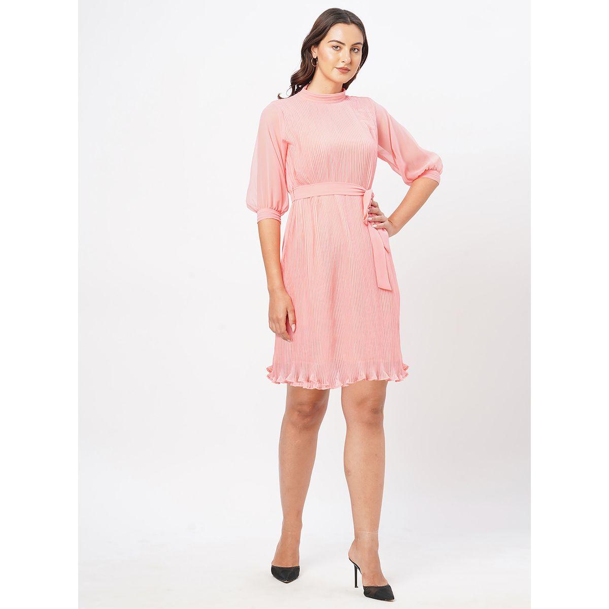 Mish X Styli  Plisse High Neck Mini Dress with Tie Belt-women-clothing-dresses-image-6
