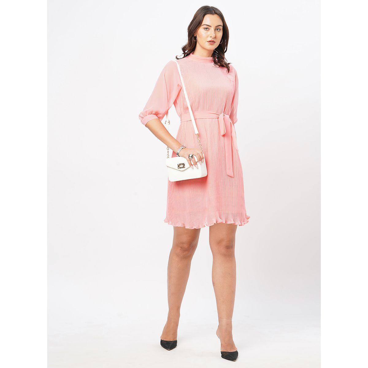 Mish X Styli  Plisse High Neck Mini Dress with Tie Belt-women-clothing-dresses-image-7