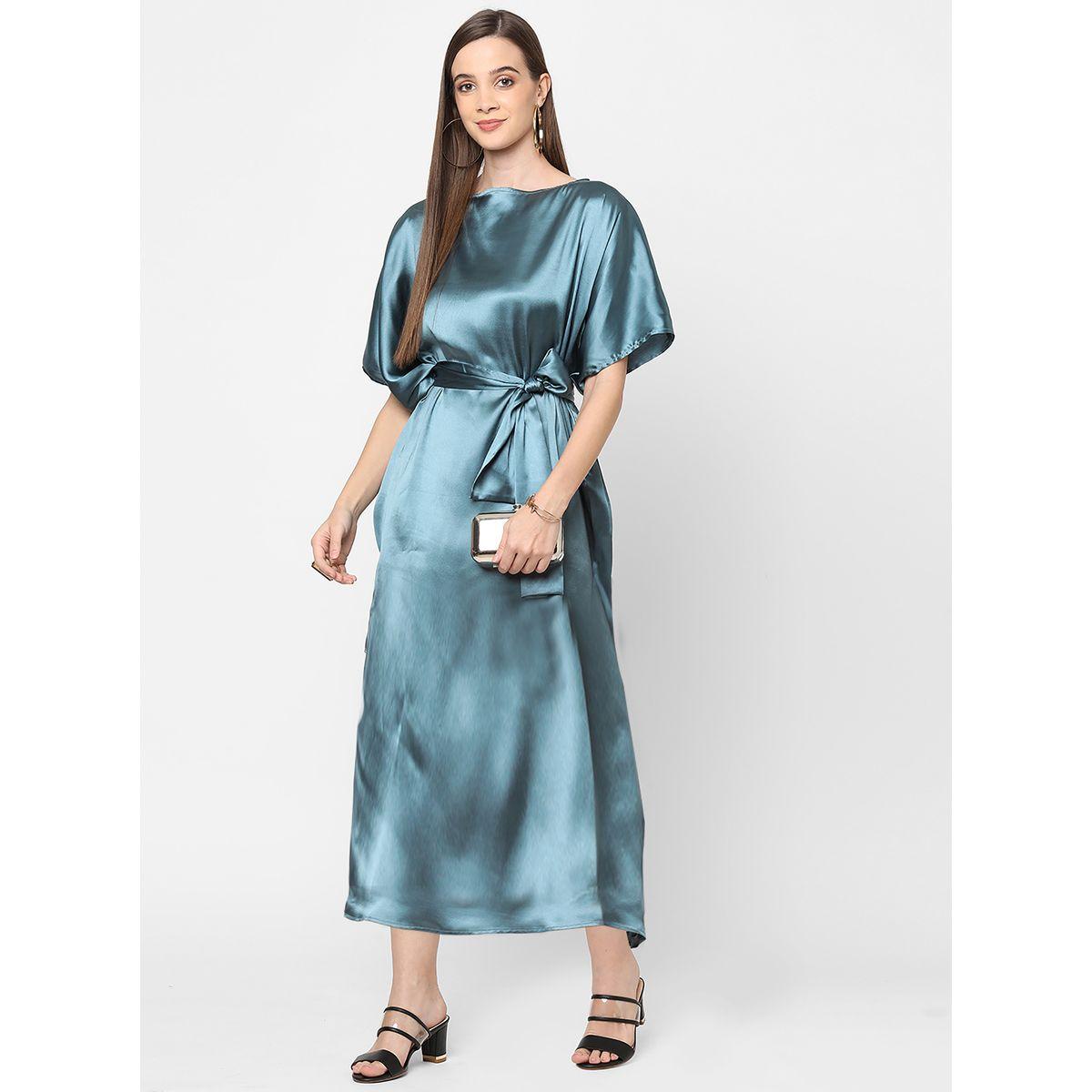Mish X Styli  Satin Boat Neck Shift Mini Dress with Tie Belt-women-clothing-dresses-image-1