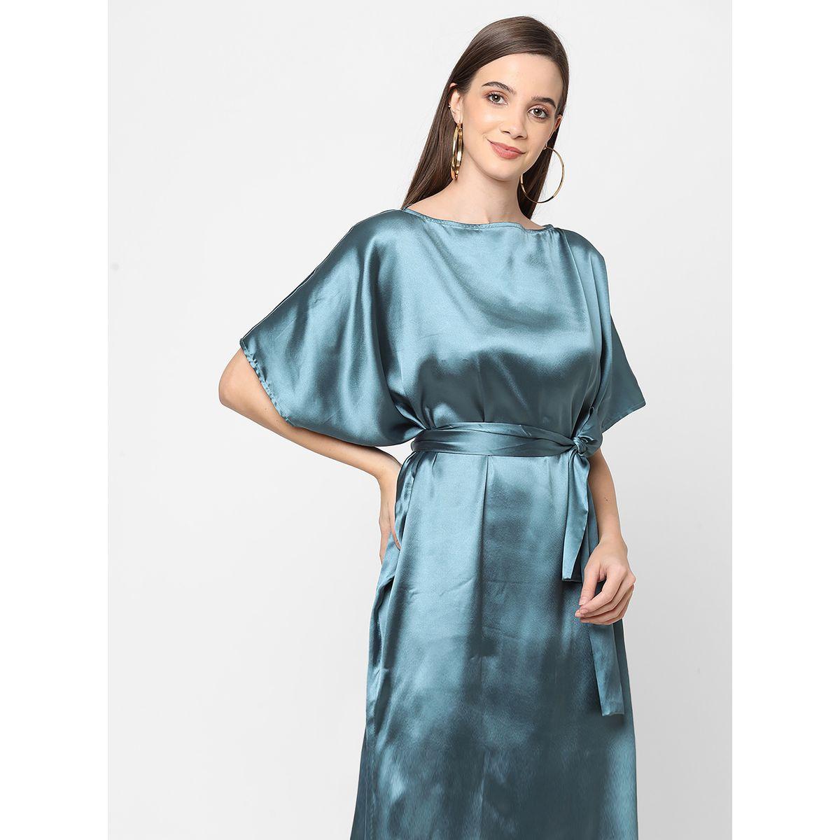 Mish X Styli  Satin Boat Neck Shift Mini Dress with Tie Belt-women-clothing-dresses-image-3