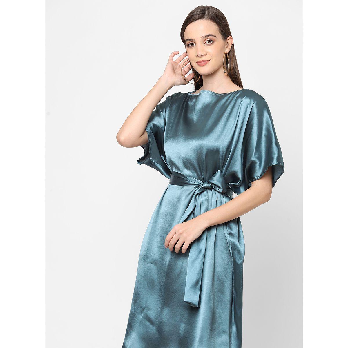 Mish X Styli  Satin Boat Neck Shift Mini Dress with Tie Belt-women-clothing-dresses-image-4
