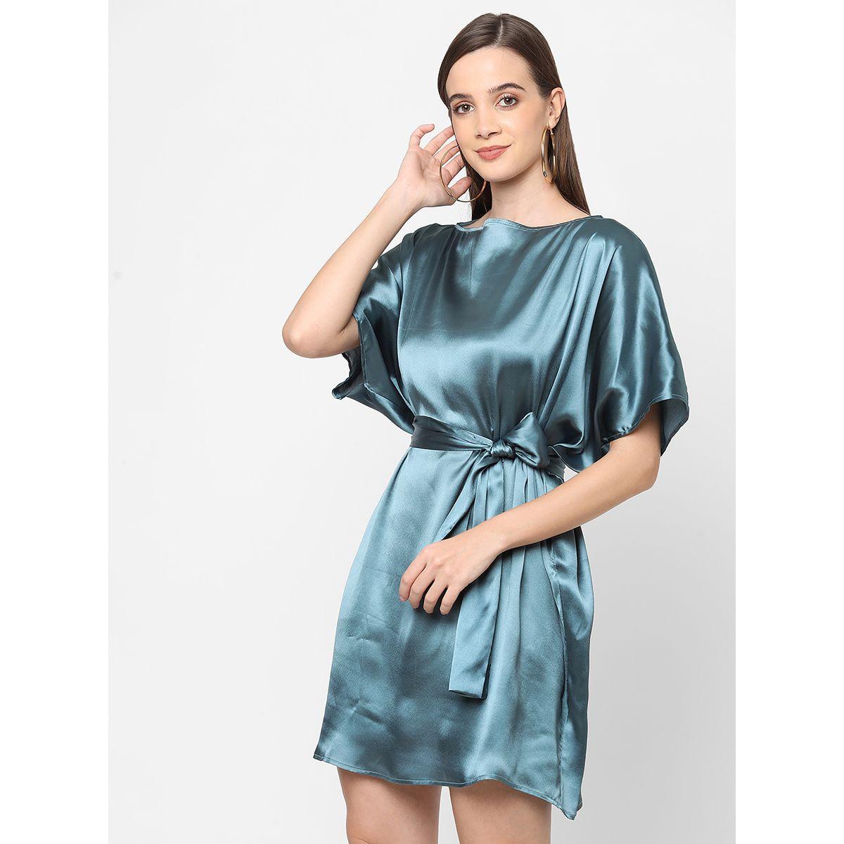 Mish X Styli  Satin Boat Neck Shift Mini Dress with Tie Belt-women-clothing-dresses-image-6