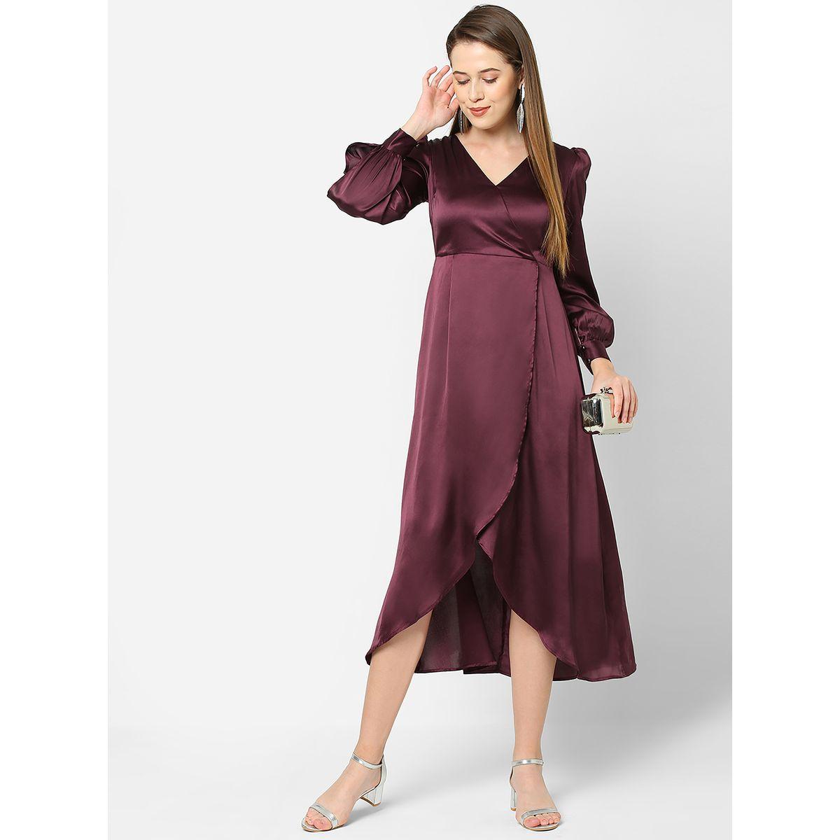 Satin Wrap Midi Dress with Puff Sleeve-women-clothing-dresses-image-1