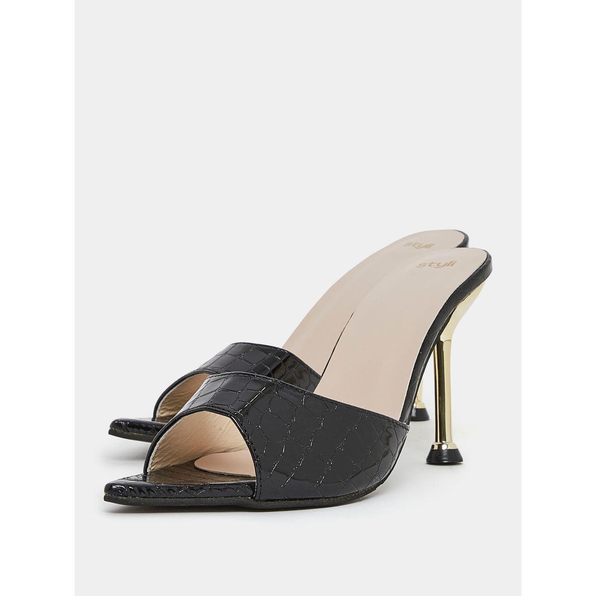 Styli Textured Slip On Stiletto Heel Sandals-women-shoes-heels-image-4