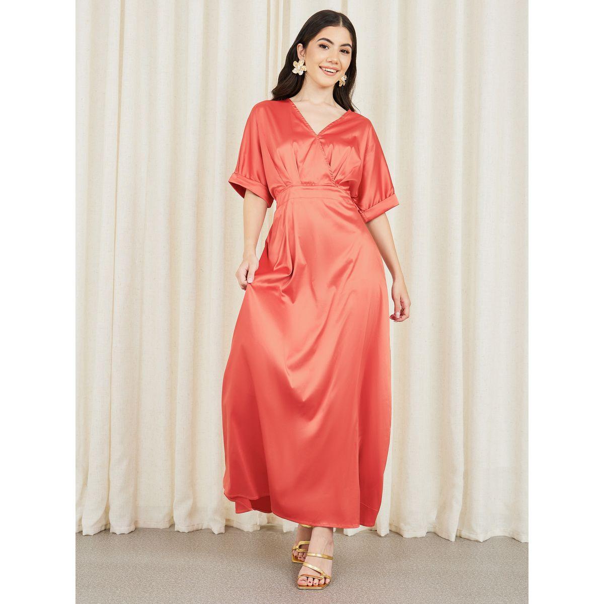 فستان ساتان طويل باكمام بتفاصيل طية-women-clothing-dresses-image-1