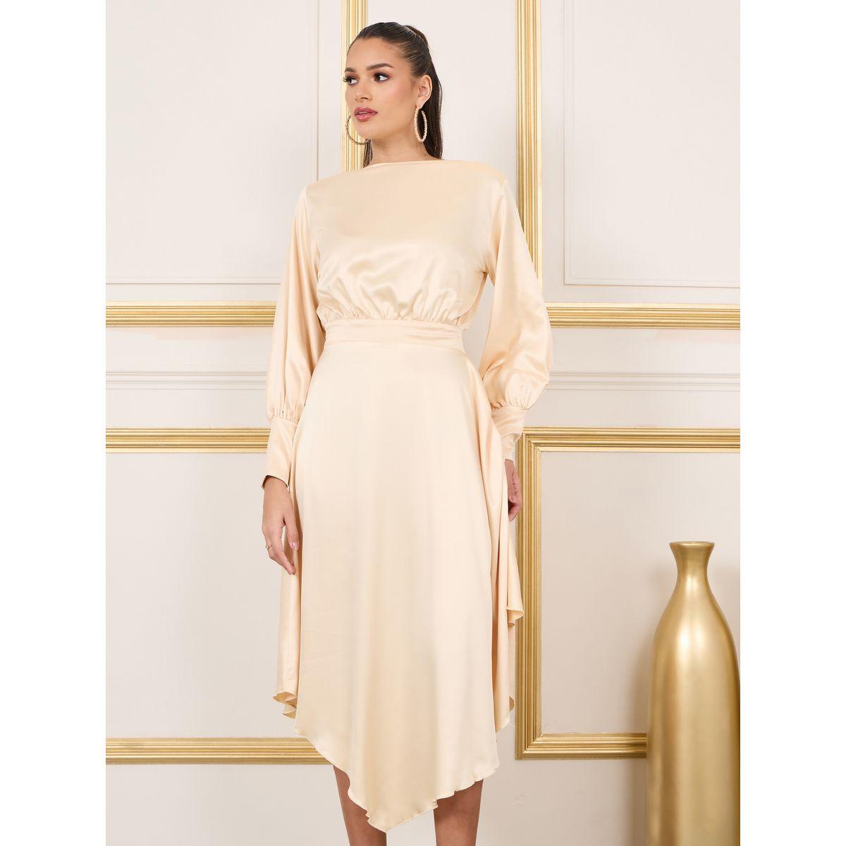 Styli Satin Cuff Sleeves Asymmetric Hem A-Line Midi Dress-women-clothing-dresses-image-2