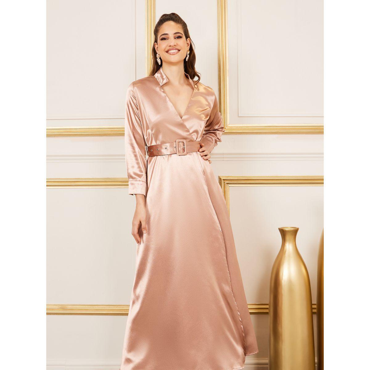 Styli Satin Notch Neck Belted A-Line Maxi Dress-women-clothing-dresses-image-2