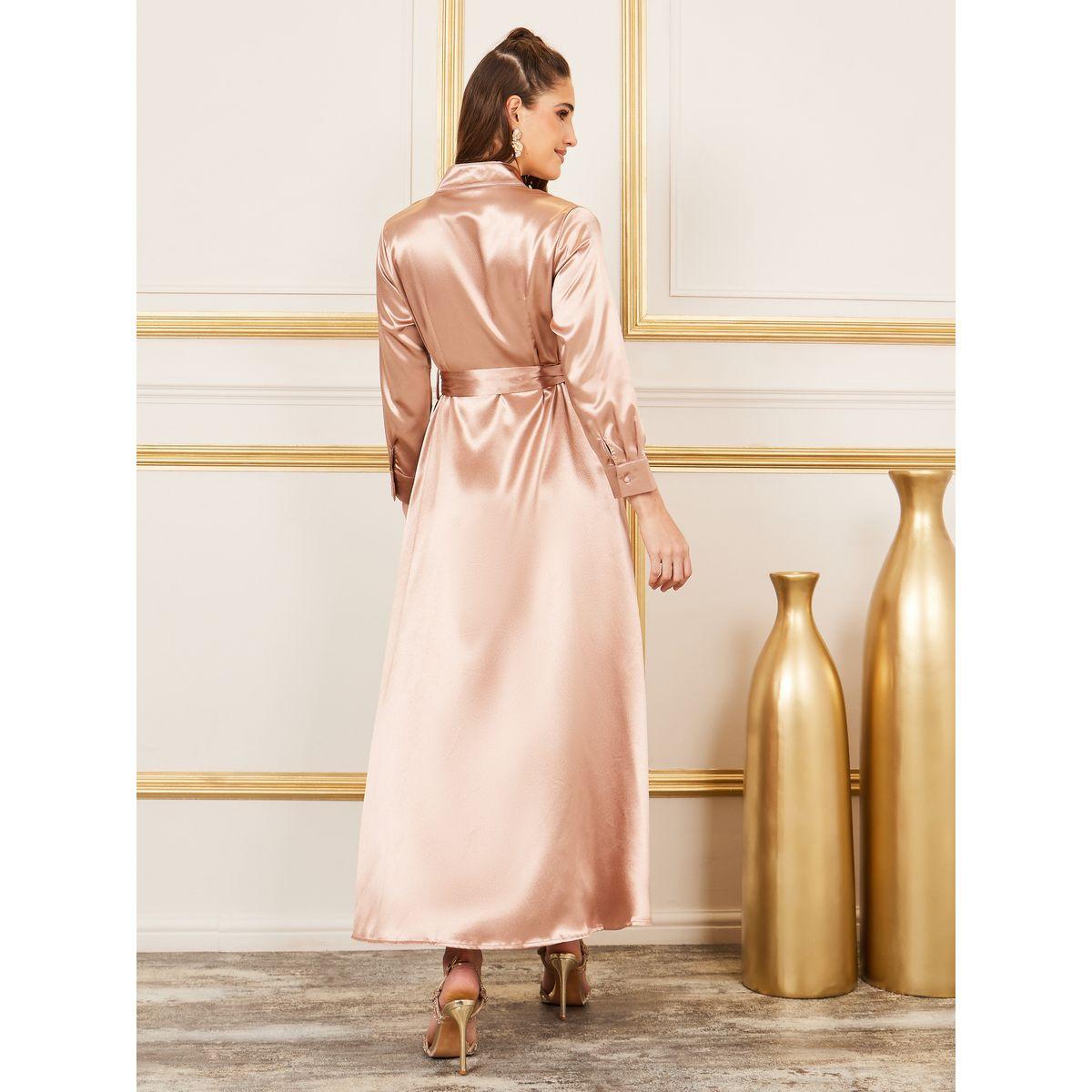 Styli Satin Notch Neck Belted A-Line Maxi Dress-women-clothing-dresses-image-4