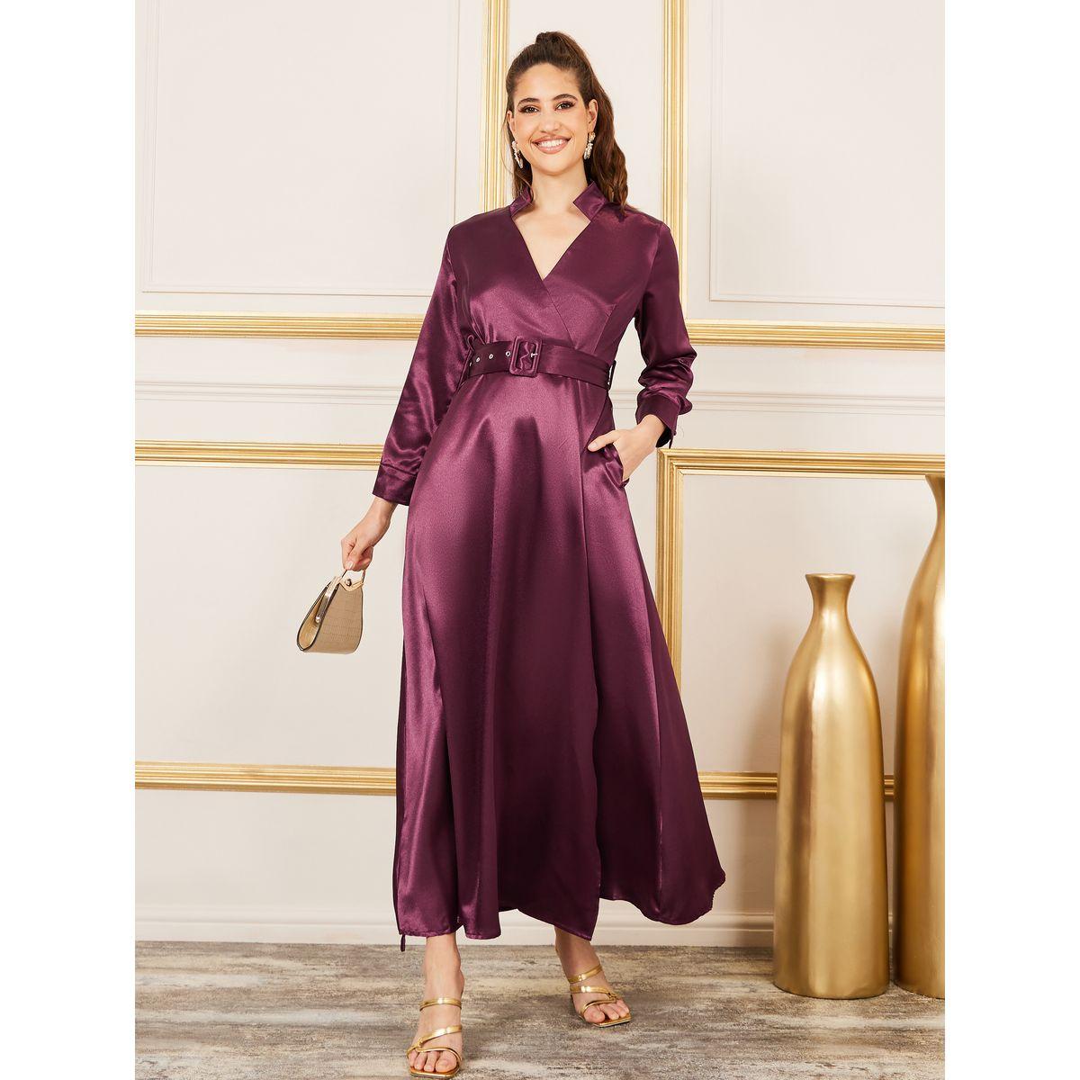 Styli Satin Notch Neck Belted A-Line Maxi Dress-women-clothing-dresses-image-1