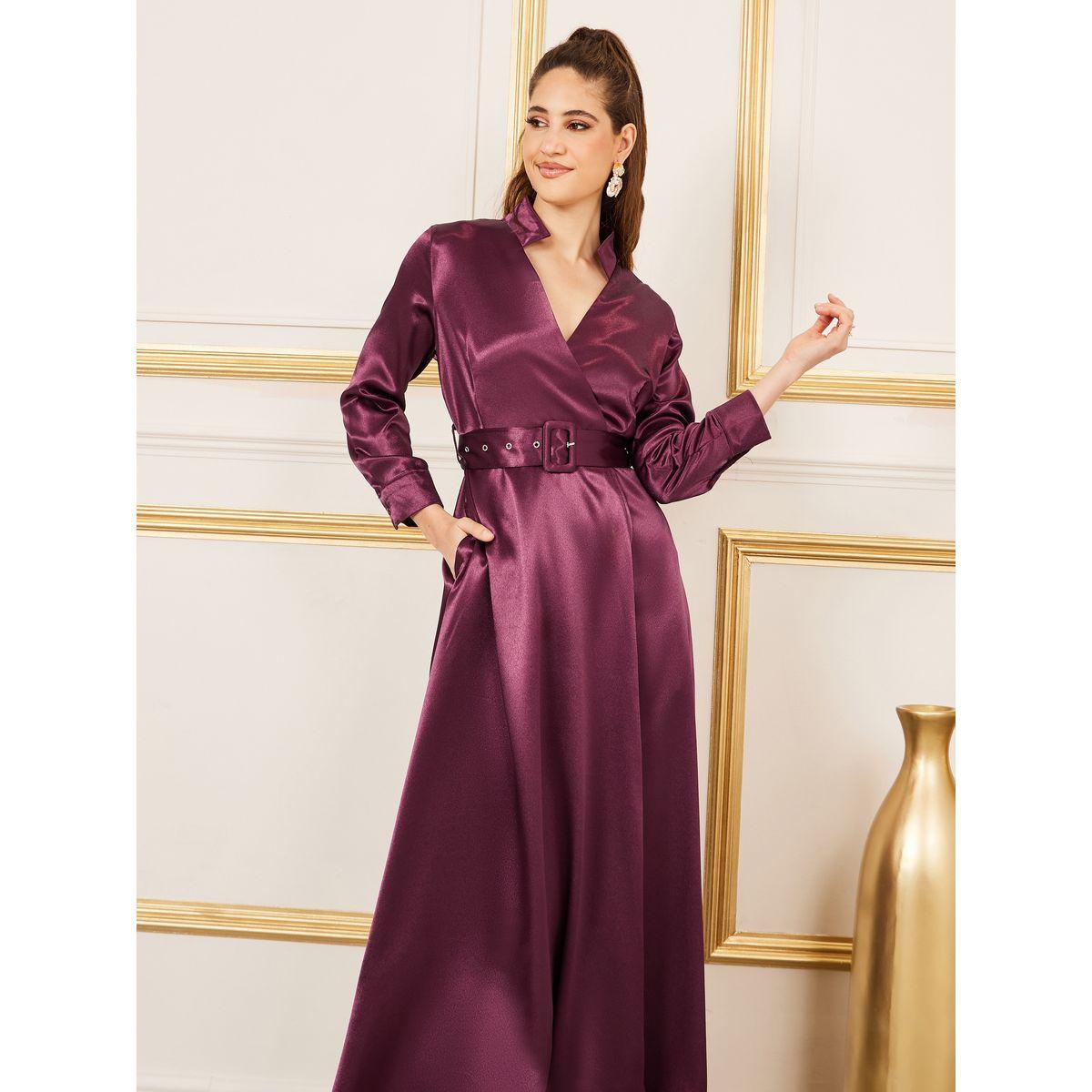 Styli Satin Notch Neck Belted A-Line Maxi Dress-women-clothing-dresses-image-2