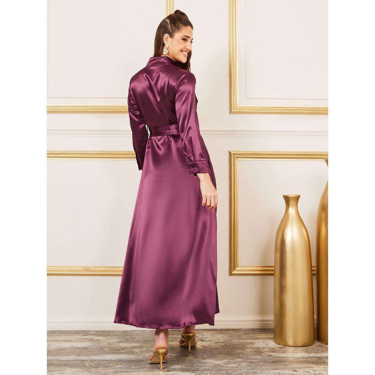 Styli Satin Notch Neck Belted A-Line Maxi Dress-women-clothing-dresses-image-4