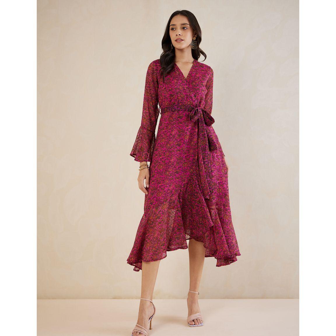 Femmella X Styli  Floral Print Wrap Midi Dress with Bell Sleeve-women-clothing-dresses-image-1