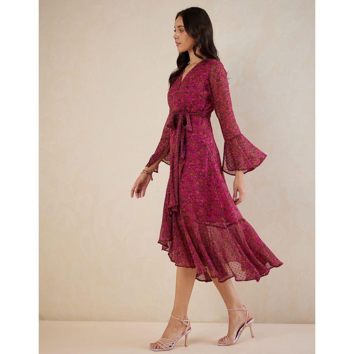 Femmella X Styli  Floral Print Wrap Midi Dress with Bell Sleeve-women-clothing-dresses-image-2