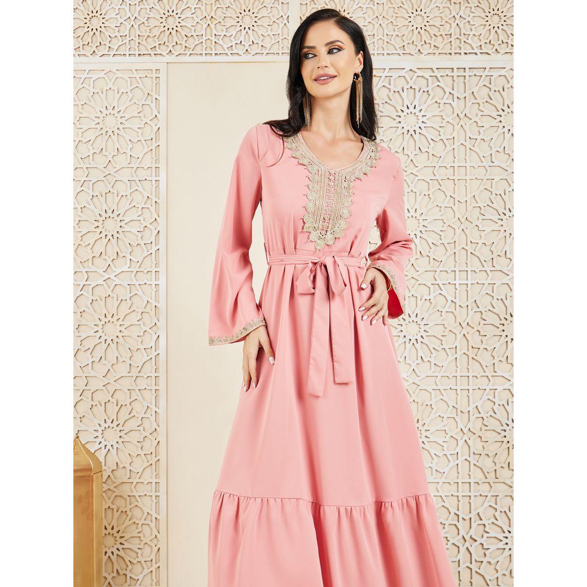 Styli Embroidered Lace Neckline Self Tie Up Tiered Jalabiya-women-arabicclothing-jalabiyas-image-2