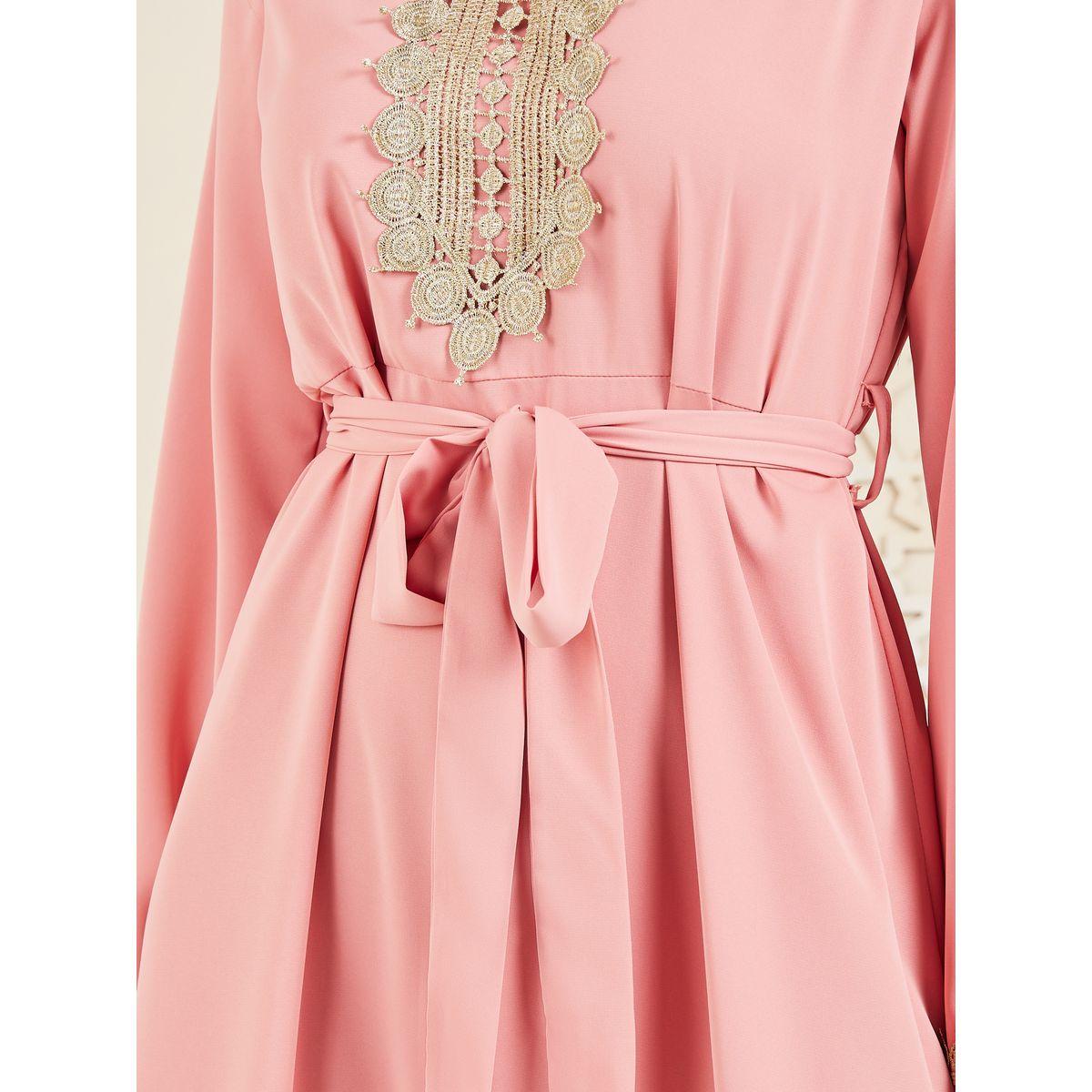 Styli Embroidered Lace Neckline Self Tie Up Tiered Jalabiya-women-arabicclothing-jalabiyas-image-3