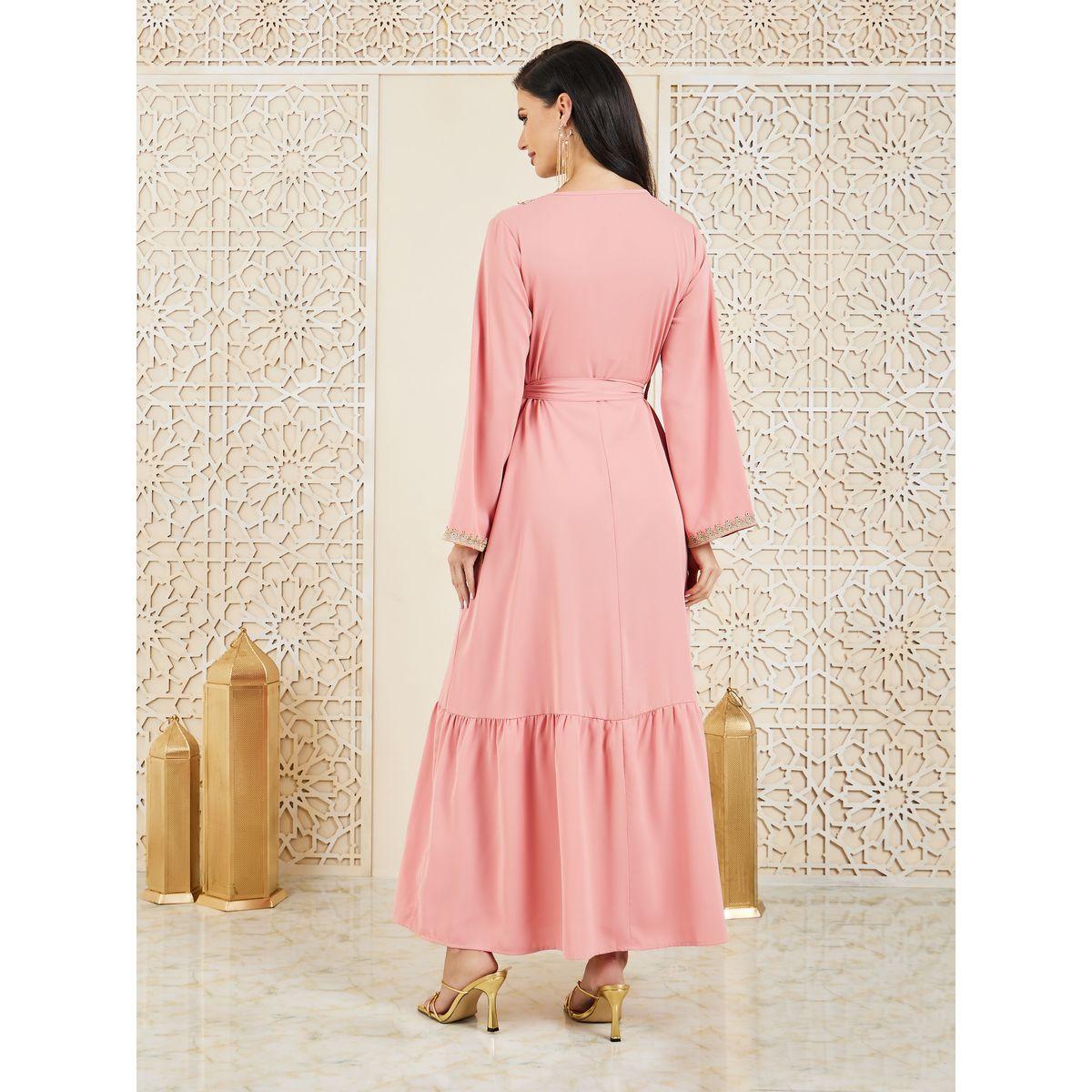 Styli Embroidered Lace Neckline Self Tie Up Tiered Jalabiya-women-arabicclothing-jalabiyas-image-4