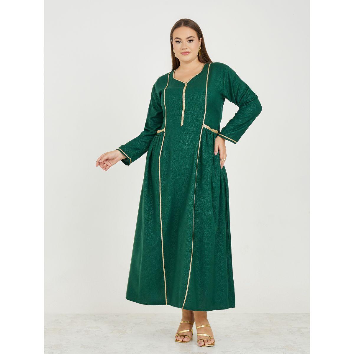 Maxim Creation X Styli  Plus Paisley Jacquard Jalabiya with Gold Trim Detail-women-arabicclothing-jalabiyas-image-1