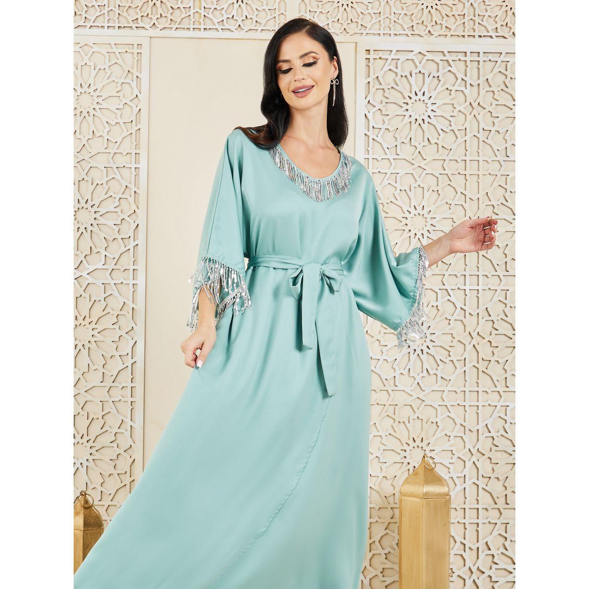 Styli Satin Sequin Tassel Detail Kaftan with Self Tie Up-women-arabicclothing-kaftan-image-2