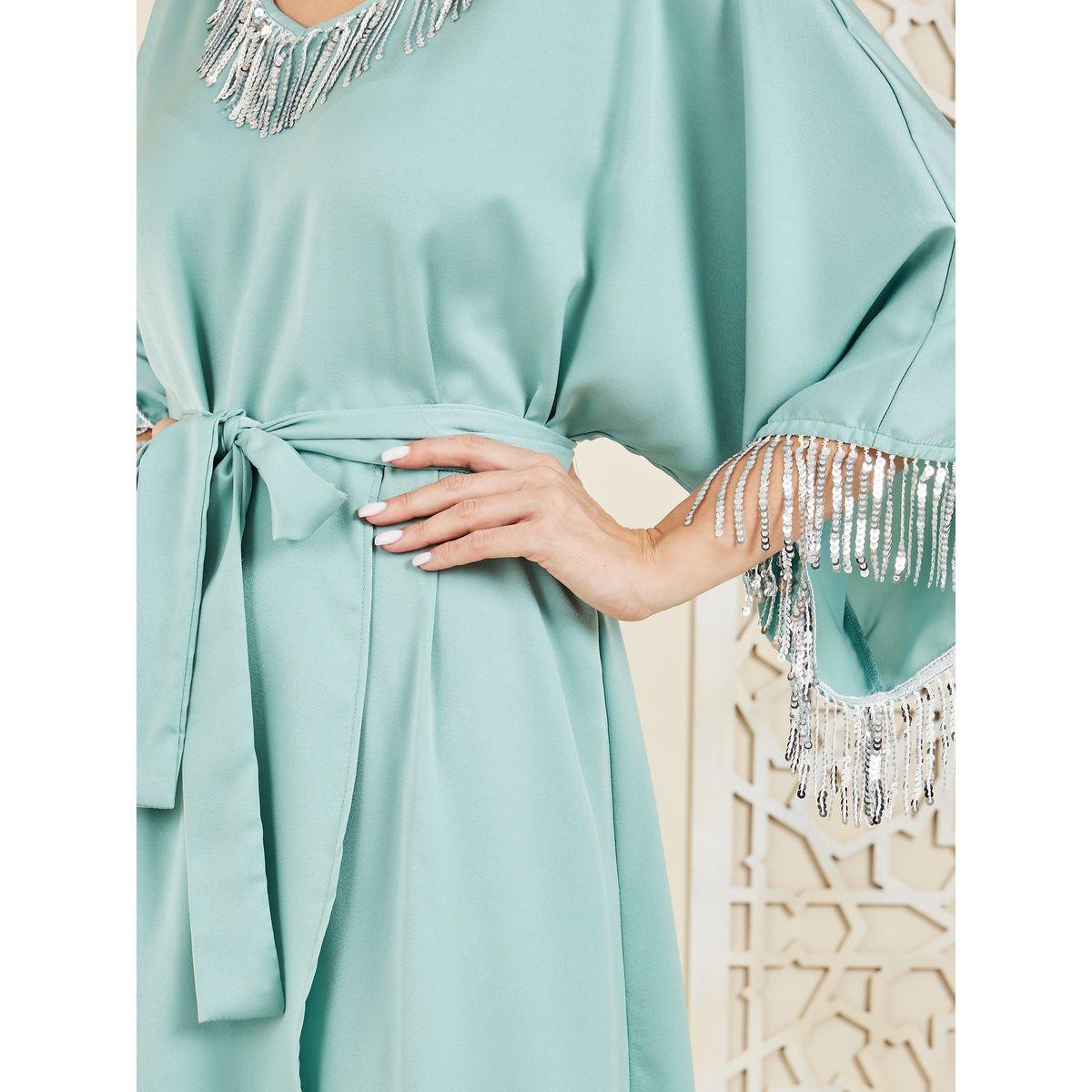Styli Satin Sequin Tassel Detail Kaftan with Self Tie Up-women-arabicclothing-kaftan-image-3