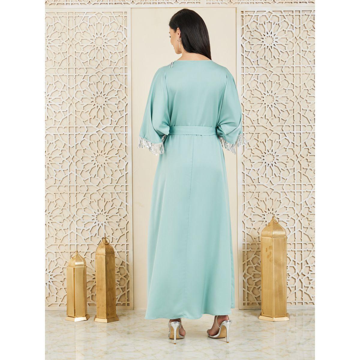 Styli Satin Sequin Tassel Detail Kaftan with Self Tie Up-women-arabicclothing-kaftan-image-4