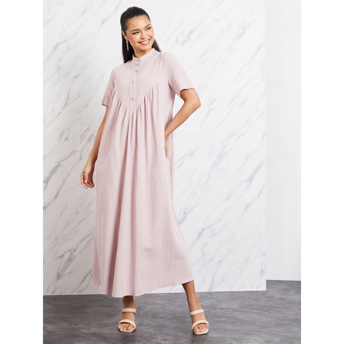 فستان كتان بياقة عالية مع أزرار غلق-women-clothing-dresses-image-1