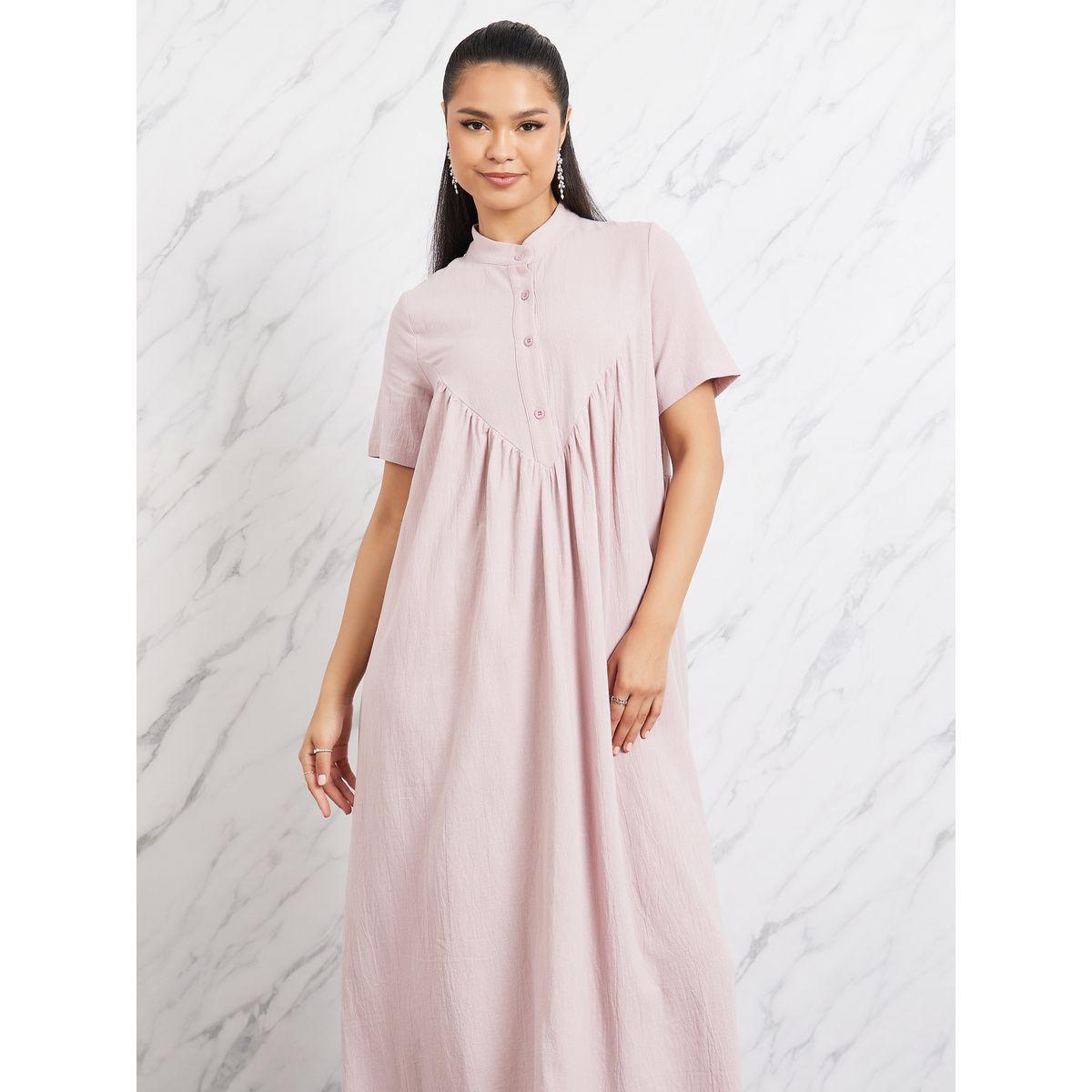 Styli Cotton Linen High Neck Button Front Smock Dress-women-clothing-dresses-image-2
