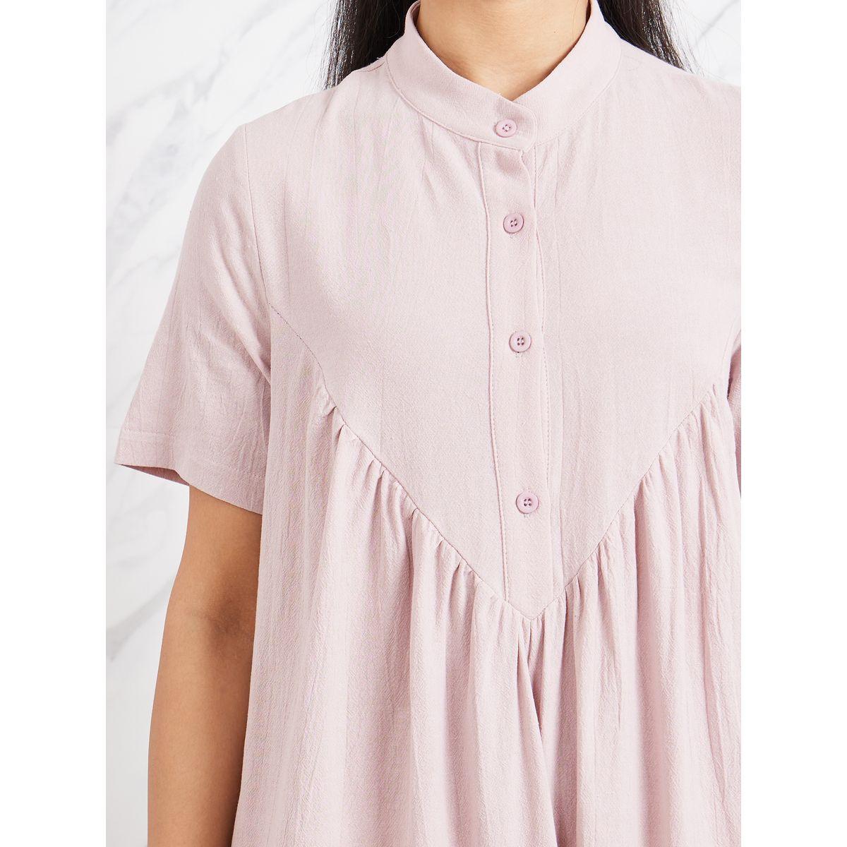 Styli Cotton Linen High Neck Button Front Smock Dress-women-clothing-dresses-image-3