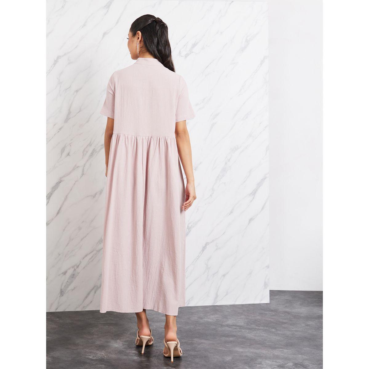Styli Cotton Linen High Neck Button Front Smock Dress-women-clothing-dresses-image-4