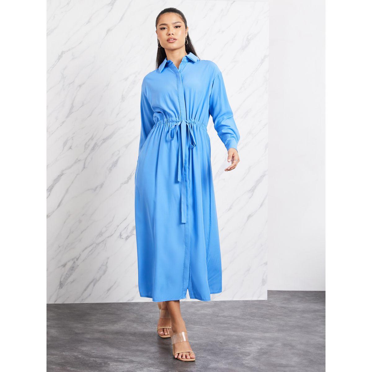 Styli Cotton  Drawstring Waistband Concealed Placket Shirt Midi Dress-women-clothing-dresses-image-1