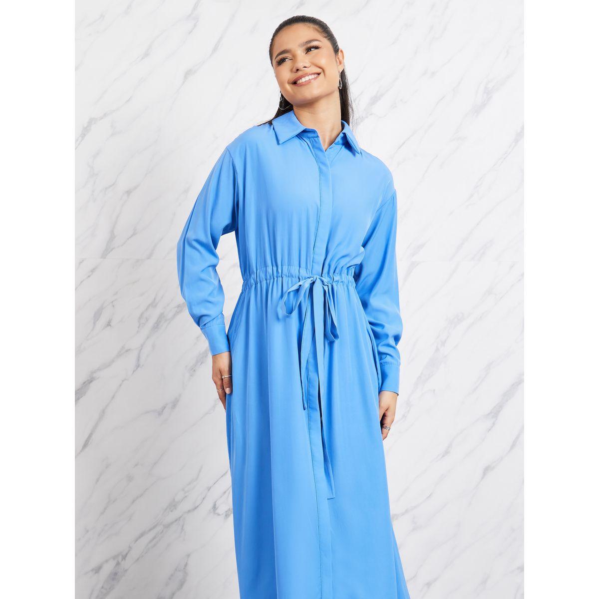 Styli Cotton  Drawstring Waistband Concealed Placket Shirt Midi Dress-women-clothing-dresses-image-2